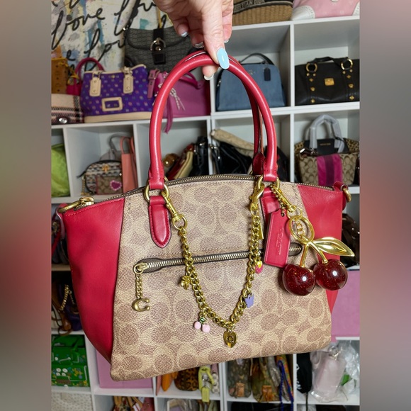 Coach Elise Satchel in Signature Tan Jacquard & Red Apple 🍎